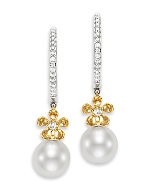 Bloomingdale's Fiore Cultured Freshwater Pearl & Diamond Flower Hoop Drop Earrings in 14K Yellow & White Gold - 100% Exclusive