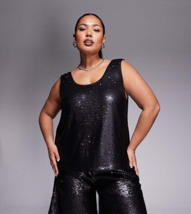 ASOS DESIGN Curve tailored sequin sleeveless co-ord top in black-Gold