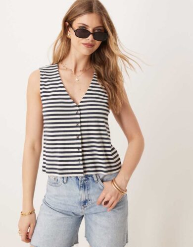 ASOS DESIGN button through ribbed waistcoat in stripe-Multi