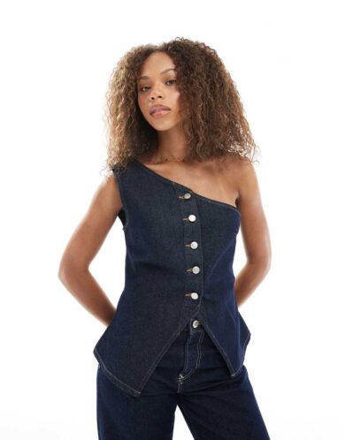 ASOS DESIGN denim one shoulder waistcoat with cinched waist in rinse wash-Navy