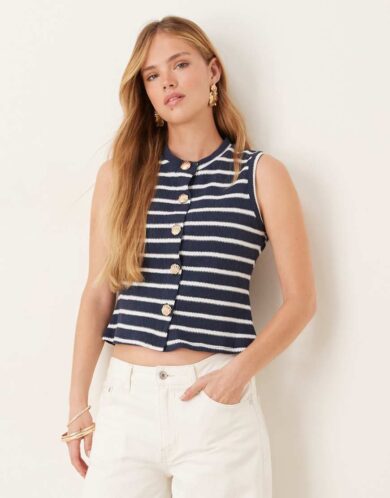 ASOS DESIGN jersey knit waistcoat with shell button detail in navy stripe