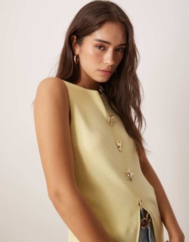 ASOS DESIGN knitted slash neck multi button waistcoat in buttermilk-Yellow