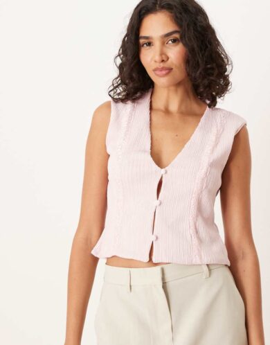 ASOS DESIGN ripple pleat lace trim waistcoat in baby pink-White