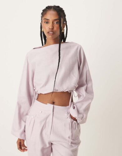 ASOS DESIGN tailored linen look top with pearl detail co-ord in lilac-Purple