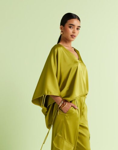 ASOS DESIGN tailored satin ruched long sleeve top co-ord in green