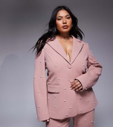 ASOS LUXE Curve pearl embellished tailored blazer co-ord in dusty rose-Pink