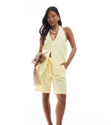 Vero Moda Petite halter neck waistcoat co-ord in pale yellow