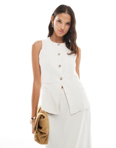 Vero Moda high neck longline waistcoat co-ord in cream-White
