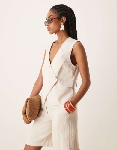 Vila tailored asymmetrical placket detail waistcoat co-ord in birch cream-White