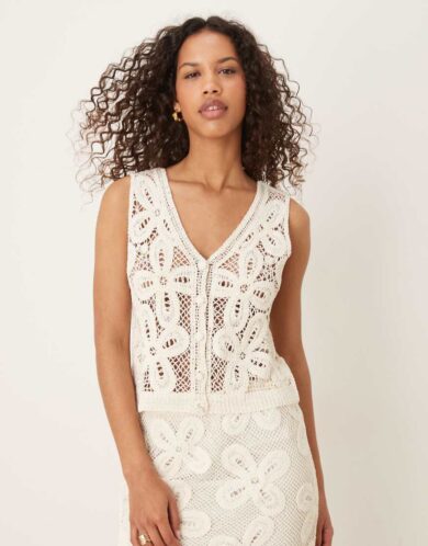 YAS premium floral crochet knitted waistcoat co-ord in cream-White